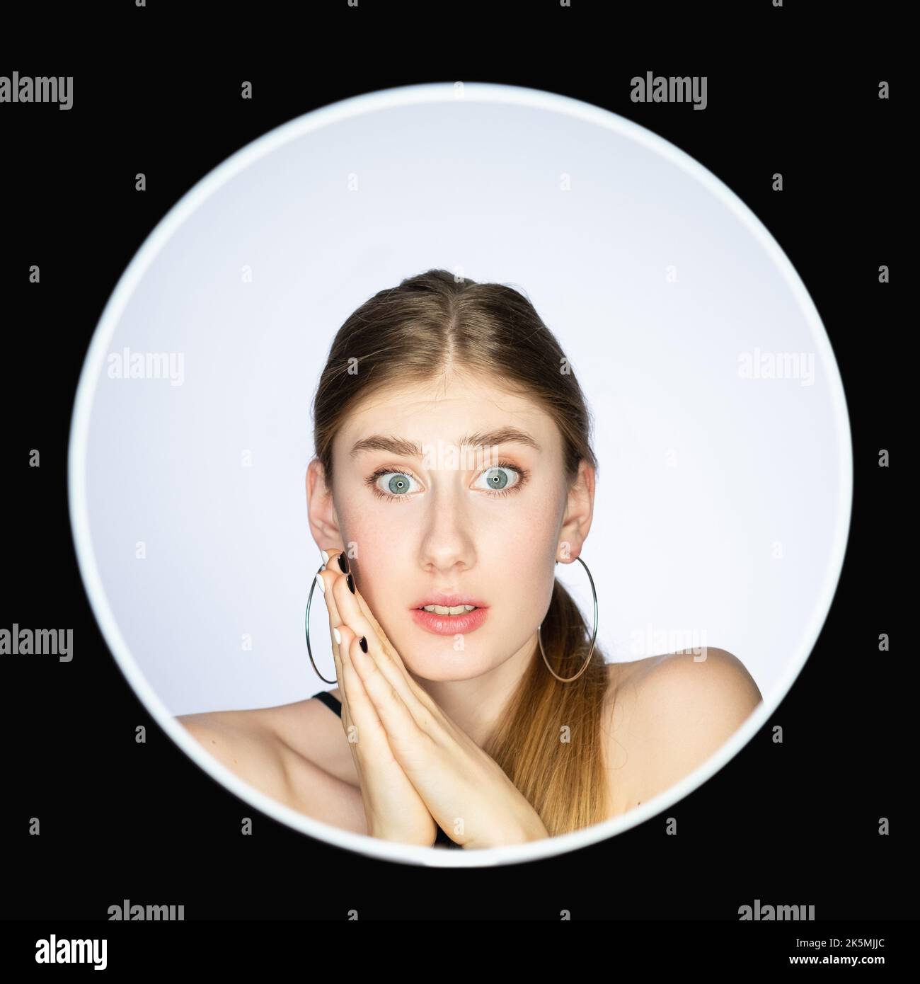 Scared face. Shocking news. Fear anxiety. Headshot portrait of