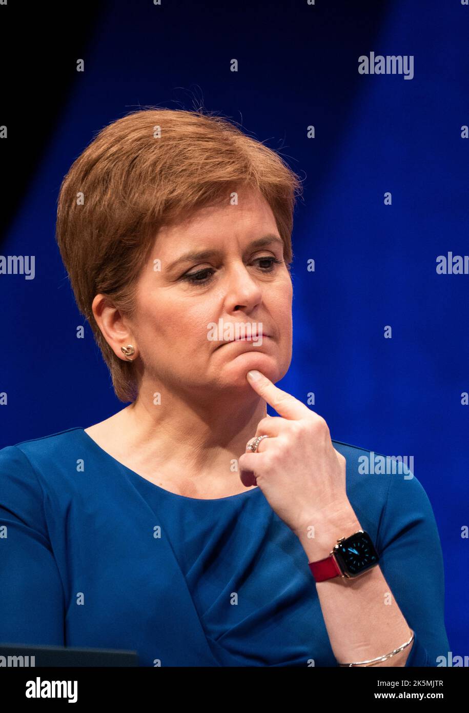 Aberdeen, Scotland, UK. 9th October 2022.  Deputy First Minister John Swinney gives speech to the delegates. PIC; First Minister Nicola Sturgeon listens to speech.  Iain Masterton/Alamy Live News Stock Photo