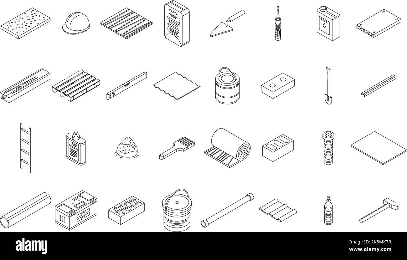 Construction materials icons set. Isometric set of construction materials vector icons outline thin lne isolated on white Stock Vector