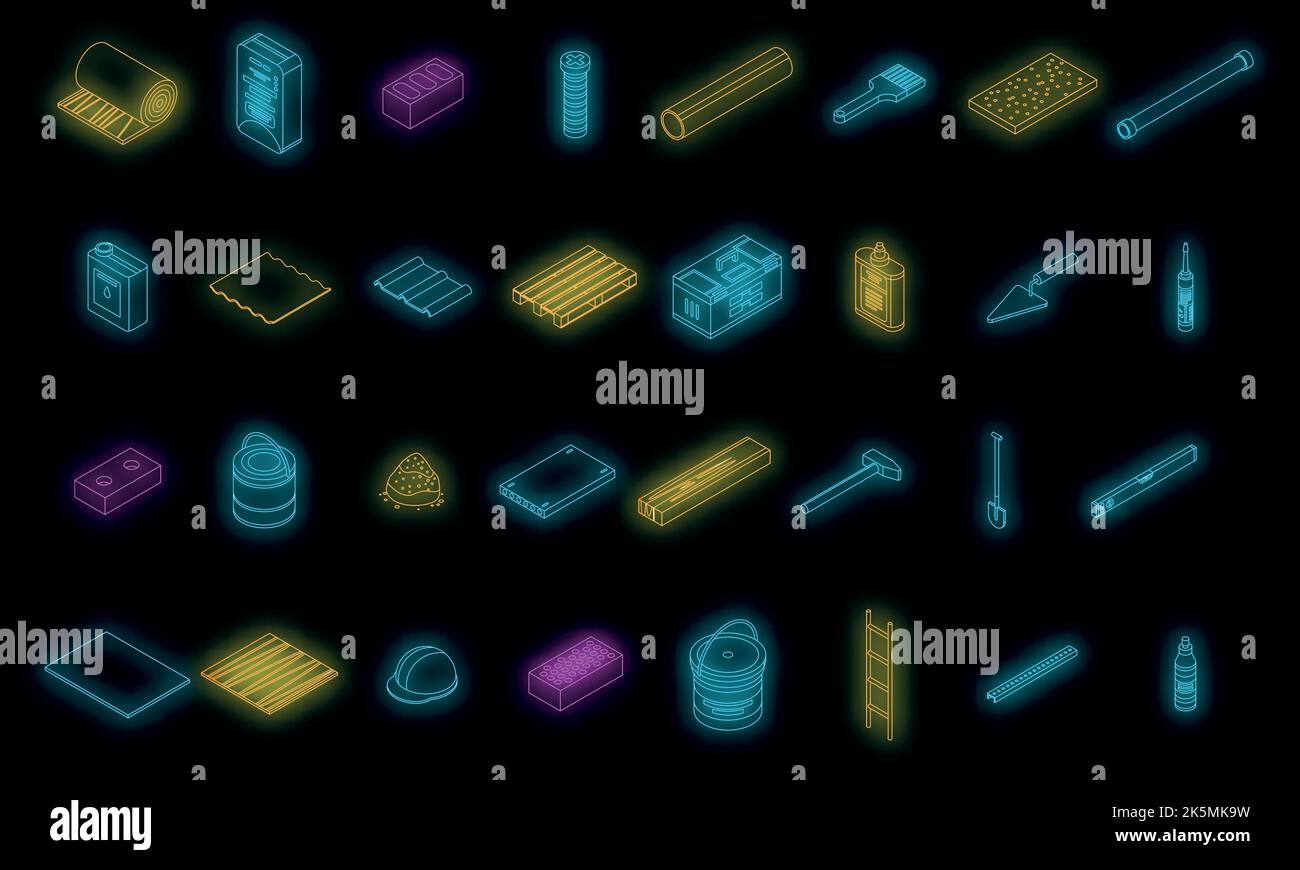 Construction materials icons set. Isometric set of construction materials vector icons neon color on black Stock Vector