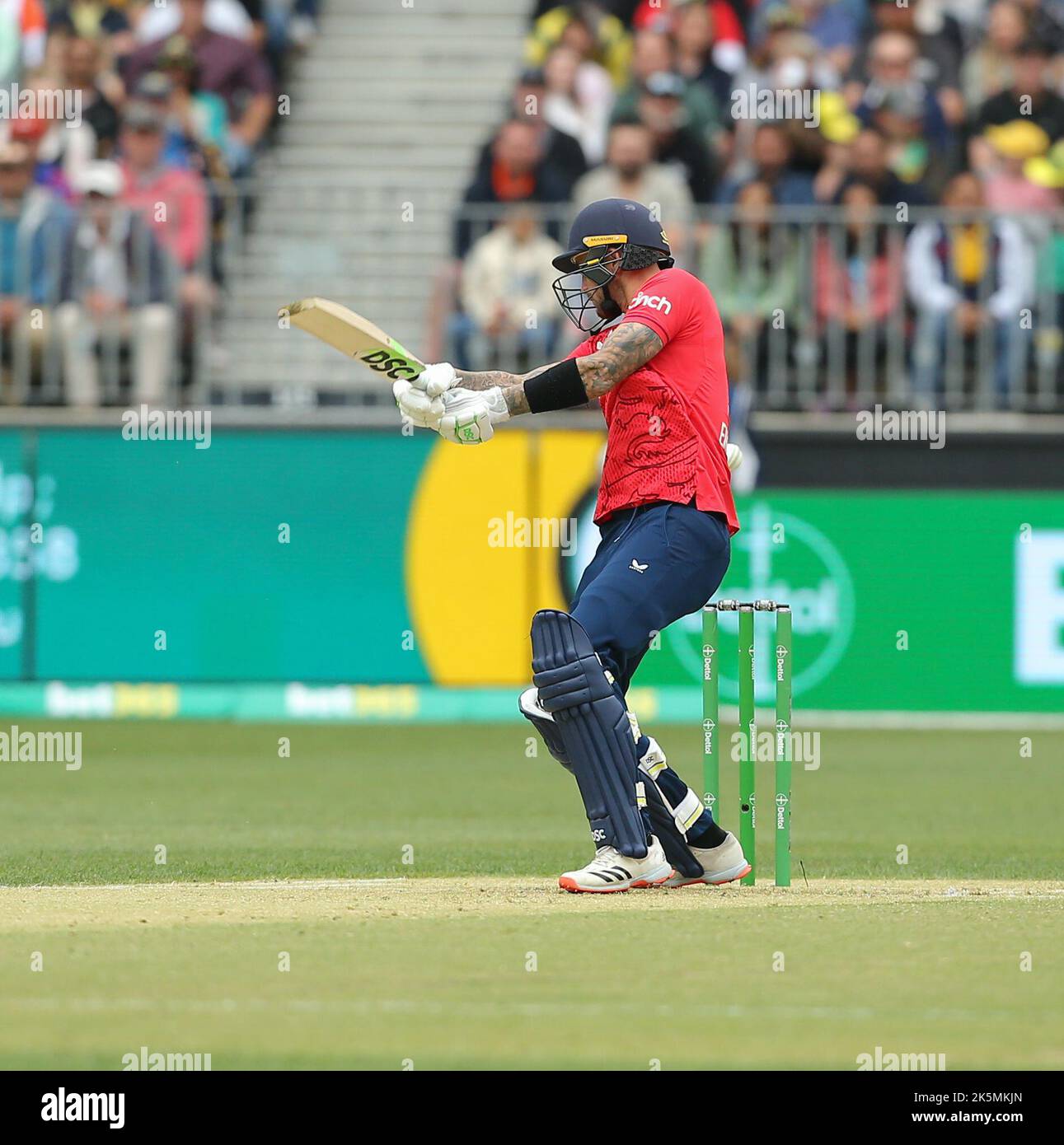 Optus Stadium, Perth, Austraila. 9th Oct, 2022. T20 international cricket Australia versus England; Alex Hales of England plays a cut shot during his innings Credit: Action Plus Sports/Alamy Live News Stock Photo