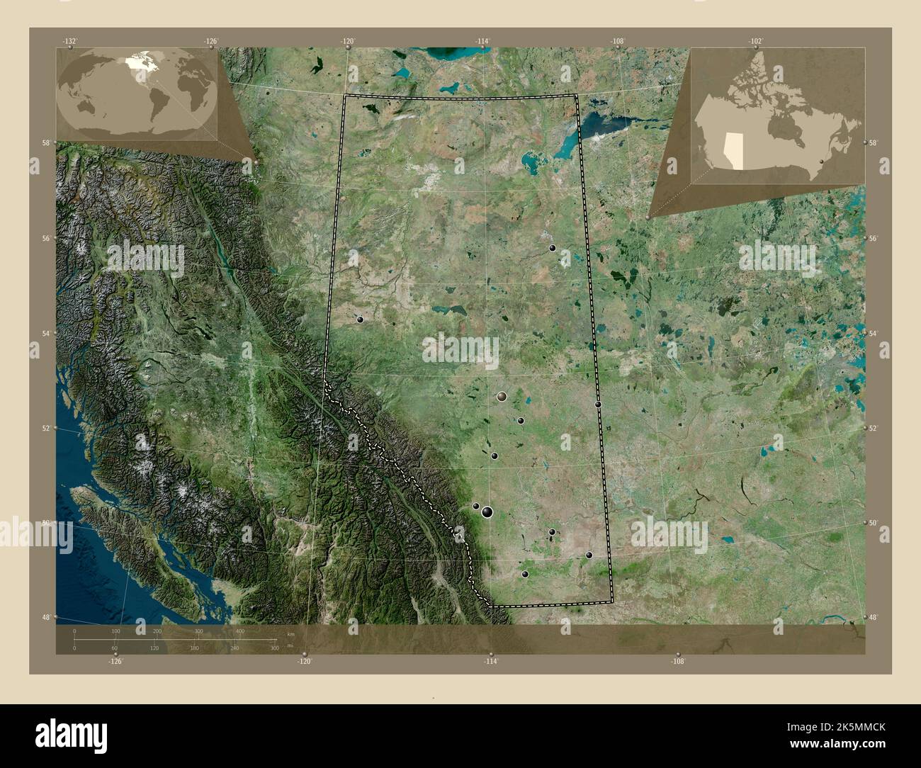 Alberta, province of Canada. High resolution satellite map. Locations