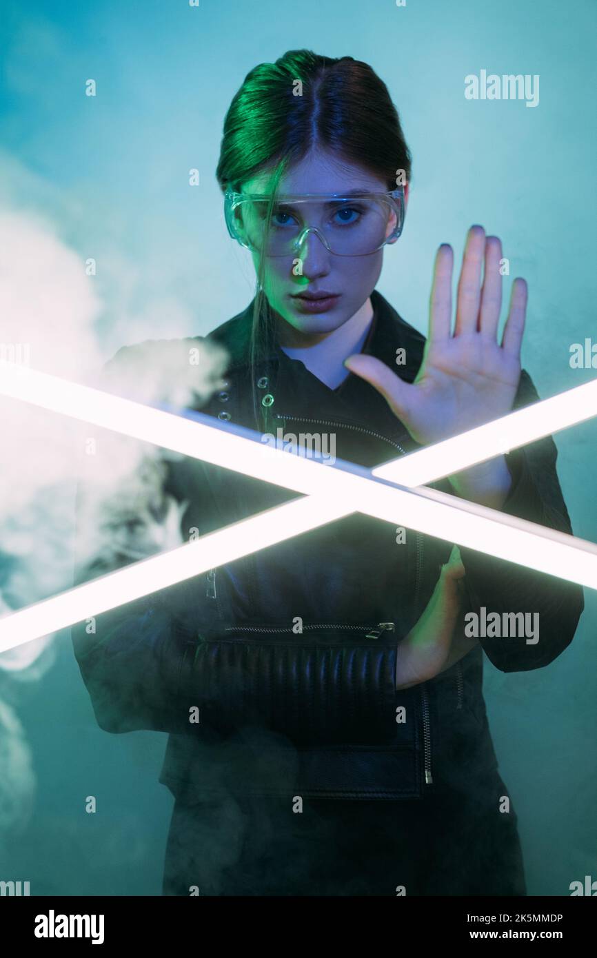 Stop smog. Cyberpunk people. Air pollution. Environmental protest. Blue