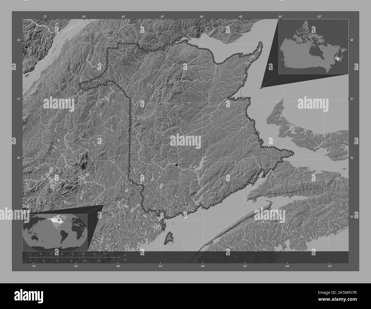 New Brunswick, province of Canada. Bilevel elevation map with lakes and