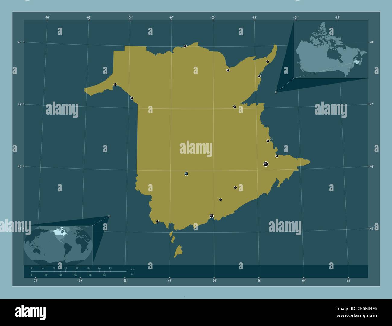 New Brunswick province of Canada - New Brunswick Province Of Canada Solid Color Shape Locations Of Major Cities Of The Region Corner Auxiliary Location Maps 2K5MNF6 