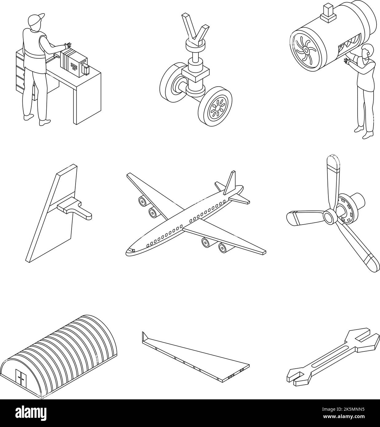 Aircraft repair icons set. Isometric set of aircraft repair vector icons outline thin lne isolated on white Stock Vector