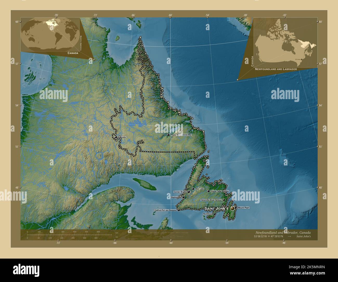 Newfoundland and Labrador, province of Canada. Colored elevation map