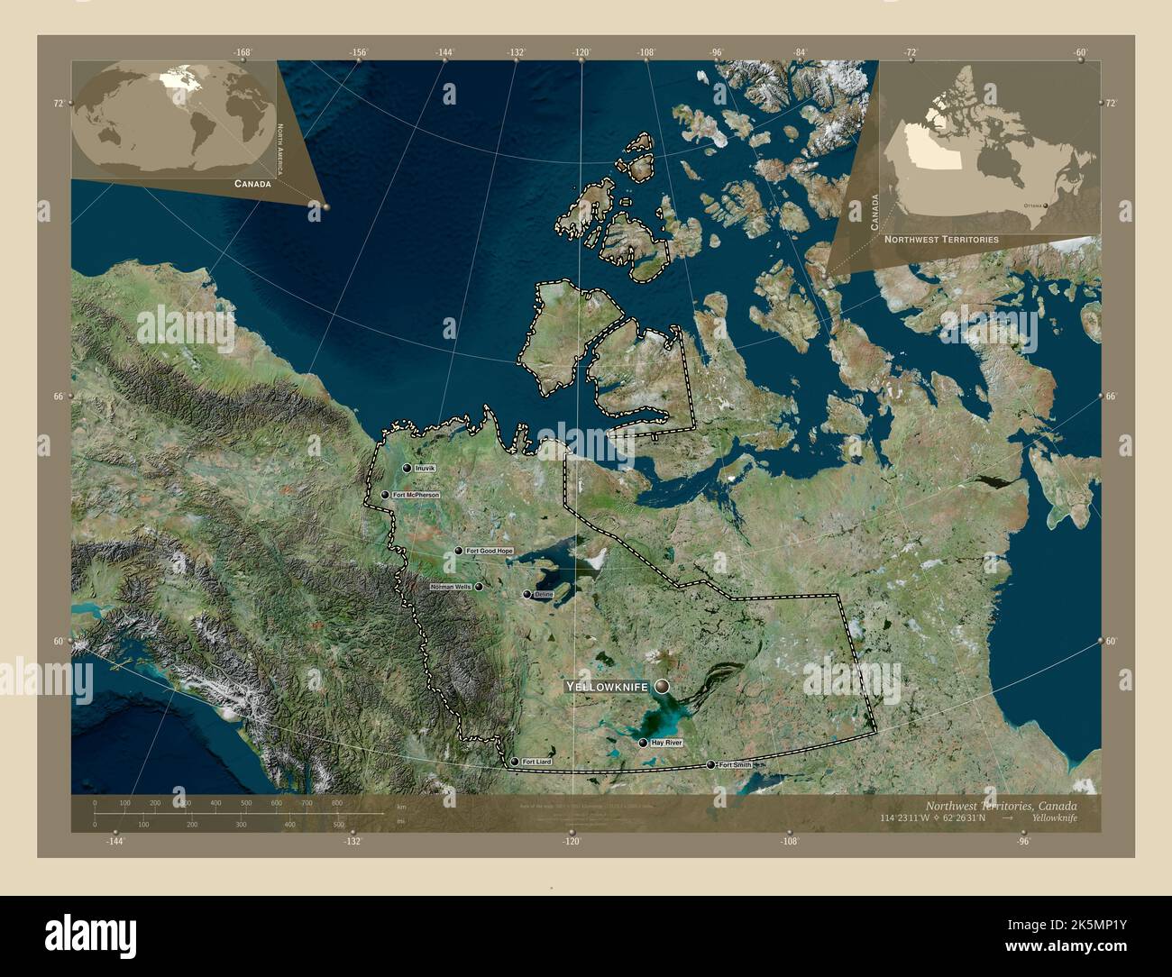 Northwest Territories Territory Of Canada High Resolution Satellite Map Locations And Names Of Major Cities Of The Region Corner Auxiliary Locatio 2K5MP1Y 