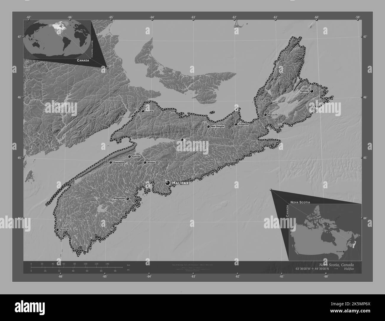 Nova Scotia, province of Canada. Bilevel elevation map with lakes and