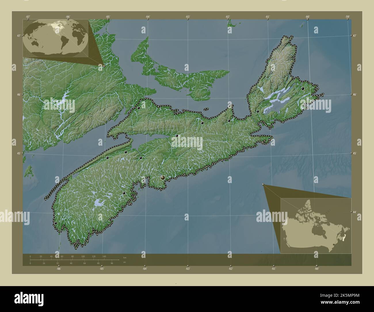 Nova Scotia, province of Canada. Elevation map colored in wiki style