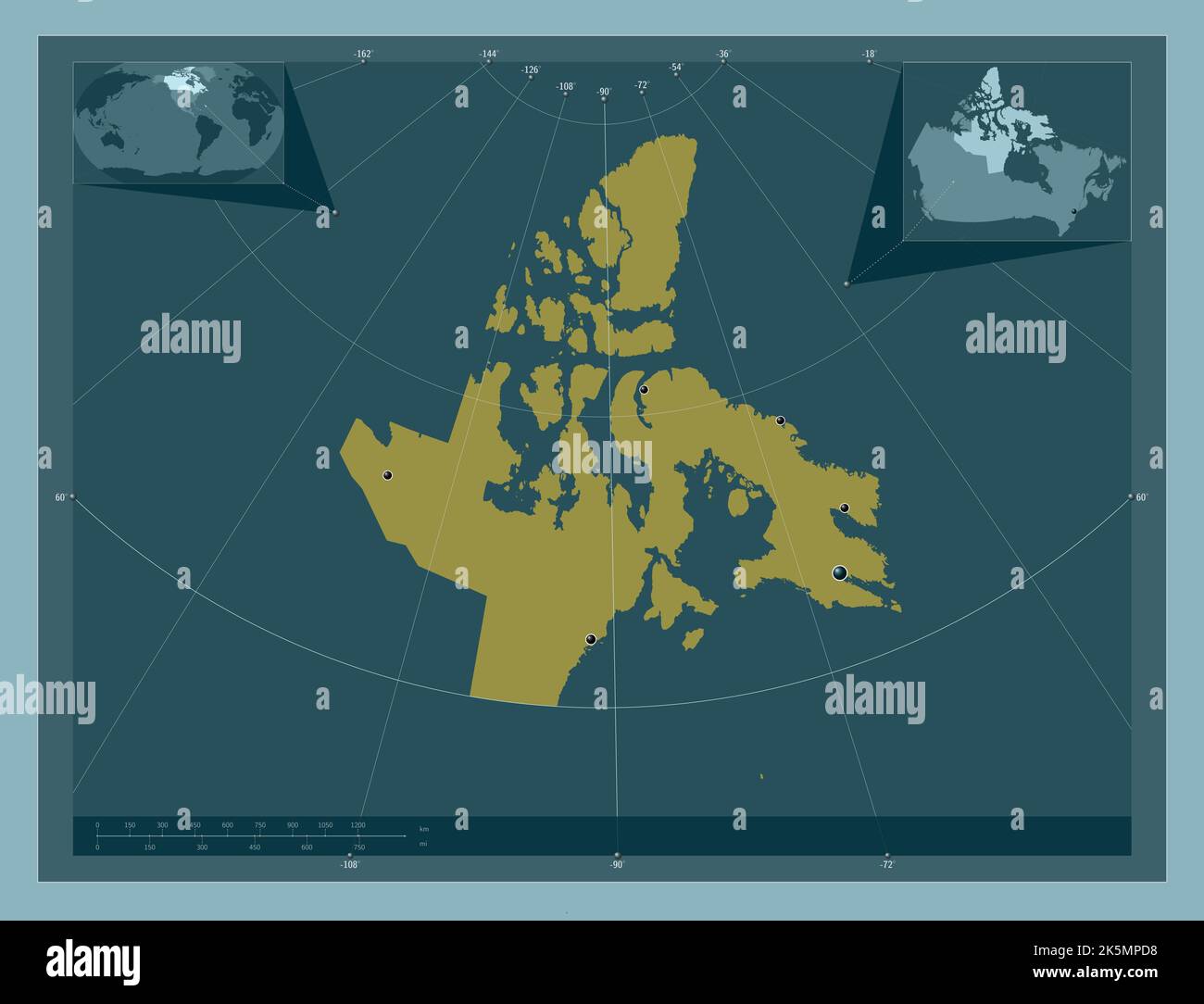 Nunavut, territory of Canada. Solid color shape. Locations of major