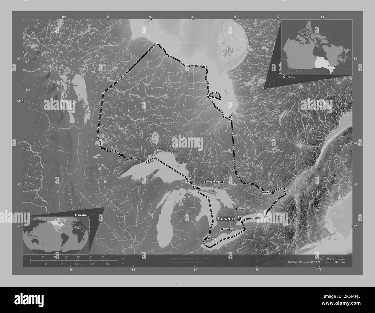 Ontario, province of Canada. Grayscale elevation map with lakes and