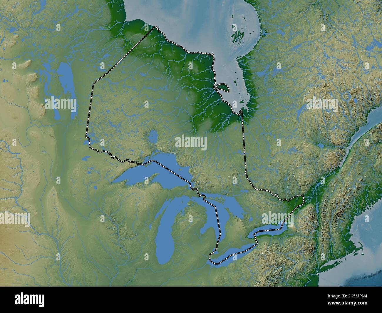 Ontario, province of Canada. Colored elevation map with lakes and ...