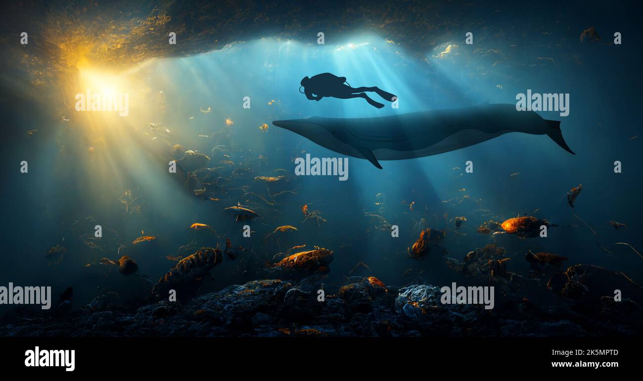 Scuba diver swim with whale. Scuba diver diving underwater cave with