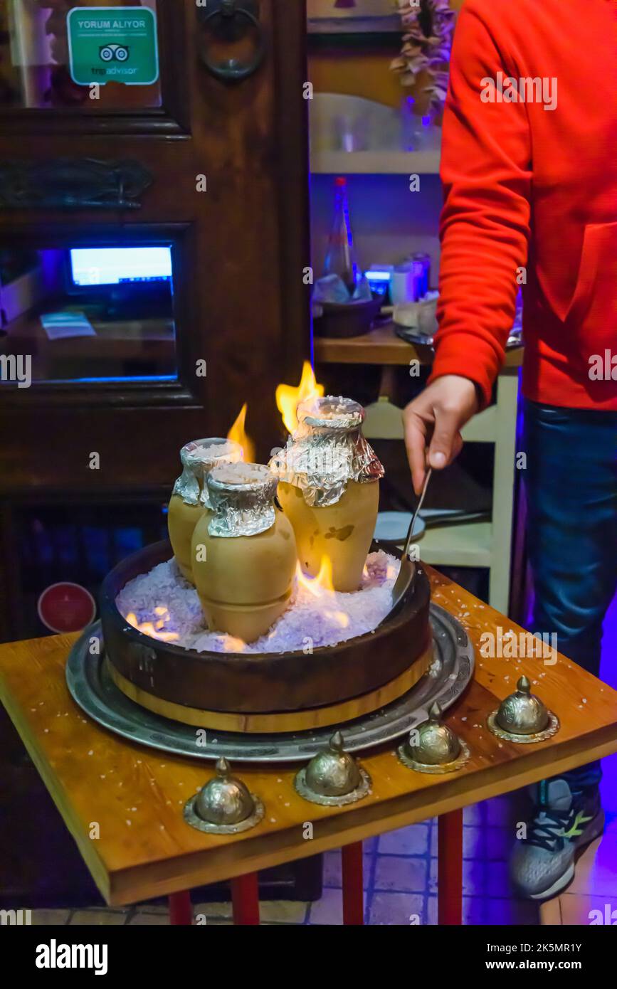 Testi kabab, a traditional Turkish lamb kebab which is cooked over fire