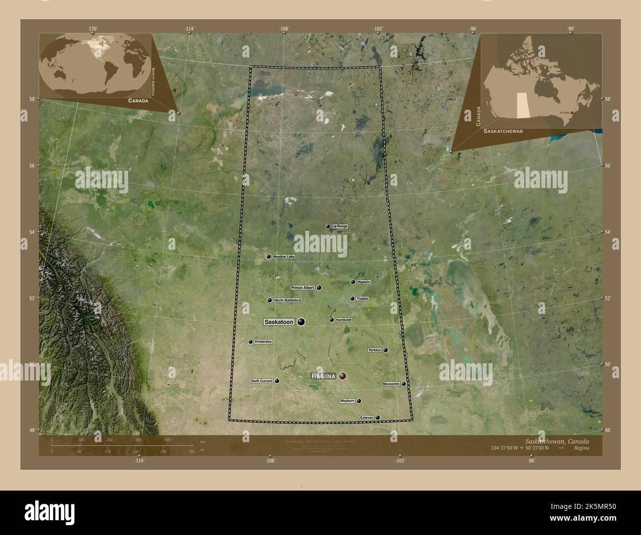 Saskatchewan, province of Canada. Low resolution satellite map