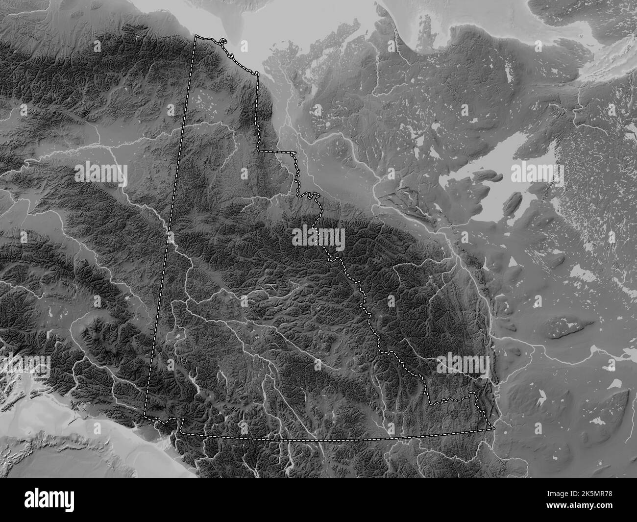 Yukon, territory of Canada. Grayscale elevation map with lakes and rivers Stock Photo