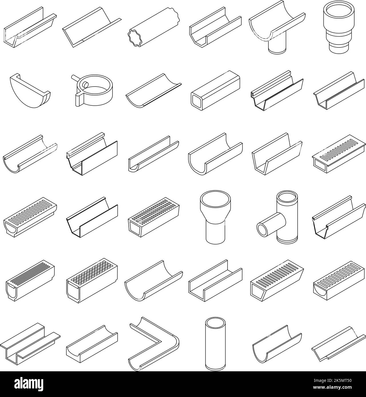 Gutter icons set. Isometric set of gutter vector icons outline thin lne
