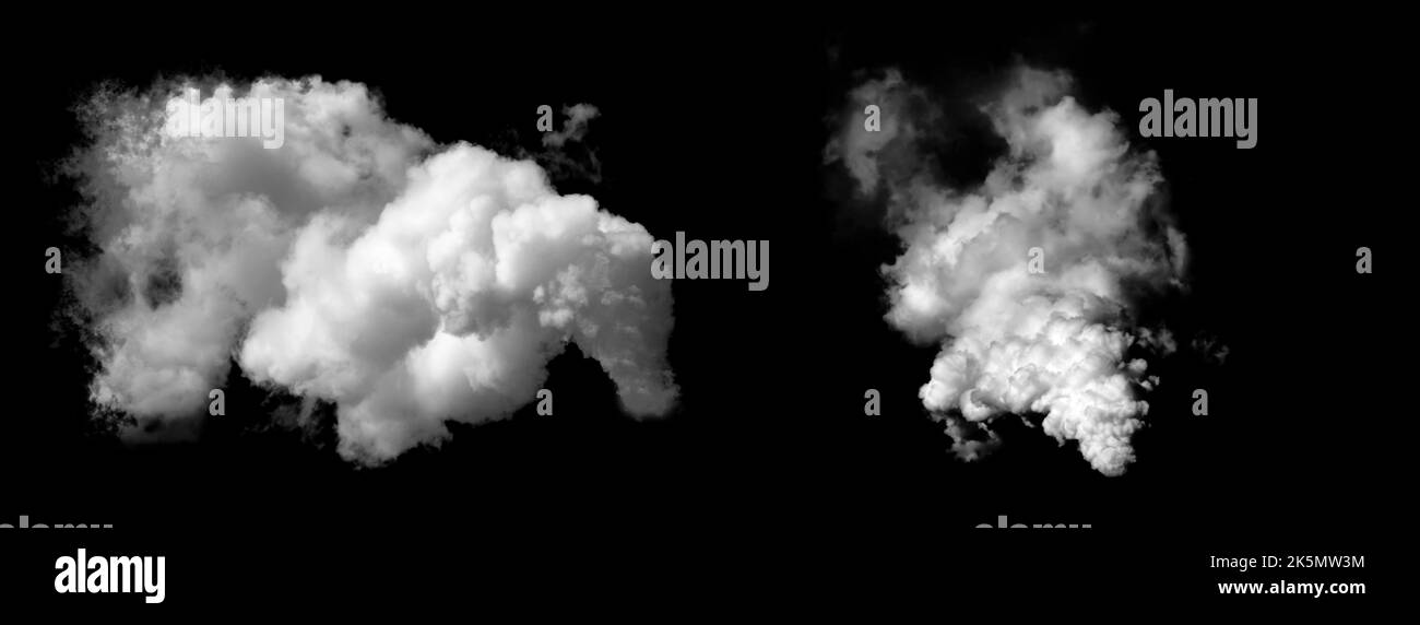Light flowing smoke isolated on black background. Clouds on dark backdrop. Exploding white powder. Wide realistic illustration Stock Photo