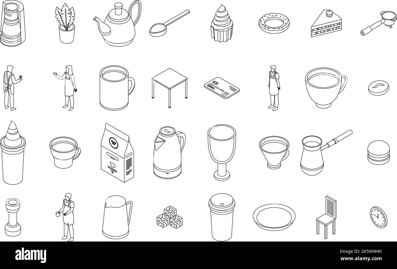 Barista icons set. Isometric set of barista vector icons outline thin lne isolated on white Stock Vector