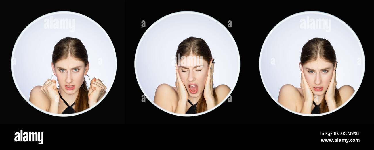 Unhappy face collage. Anxiety frustration. Emotion collection. Portrait of disturbed annoyed angry girl yelling covering ears isolated on light in cir Stock Photo