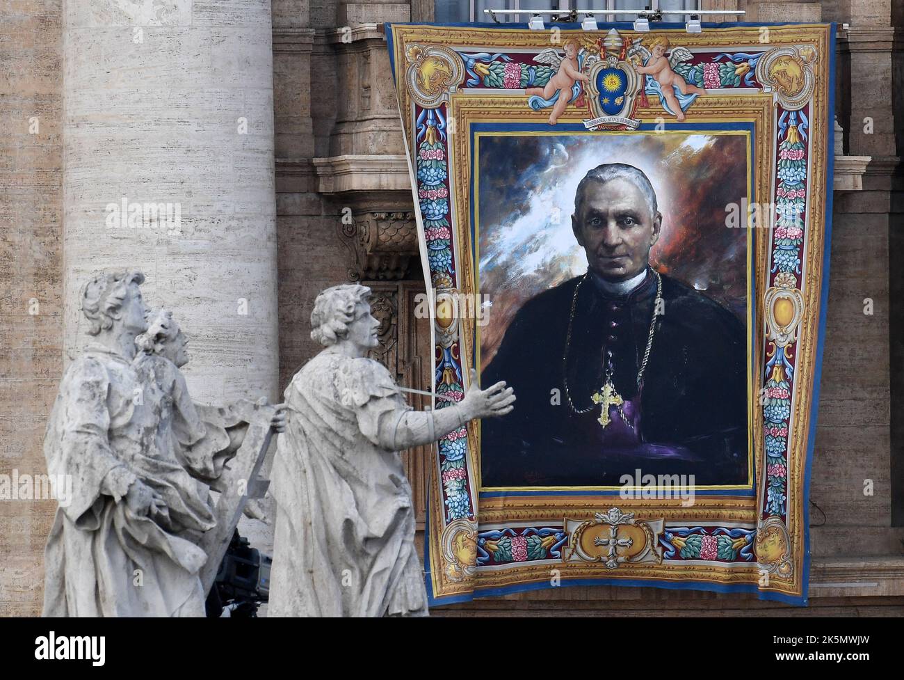 Portrait of new Saint Giovanni Battista Scalabrini (‘Father of the migrants’). Pope Francis presided over the canonization mass of now-Saints Italian Bishop Giovanni Battista Scalabrini and Italian Salesian Brother Artemide Zatti in Saint Peter’s Square, Vatican on October 9, 2022. Both dedicated their lives to a Church that was inclusive and without barriers, as Saint Scalabrini (1839-1905) cared a great deal for migrants and Saint Zatti (1880-1951)cared greatly for the sick. Photo: Eric Vandeville/ABACAPRESS.COM Stock Photo