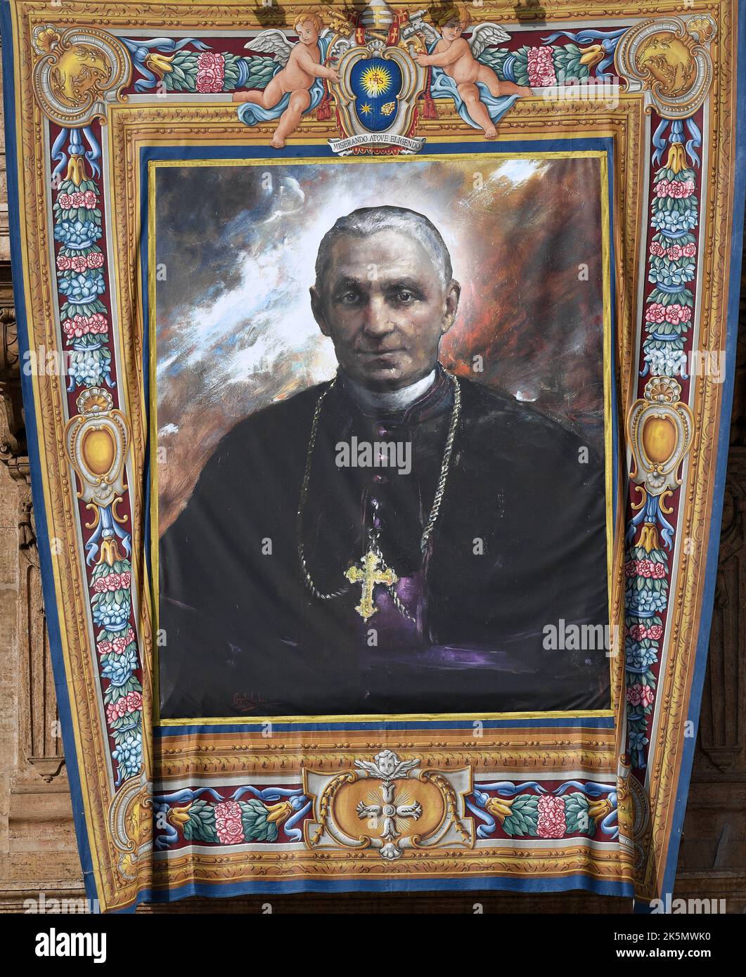 Portrait of new Saint Giovanni Battista Scalabrini (‘Father of the migrants’). Pope Francis presided over the canonization mass of now-Saints Italian Bishop Giovanni Battista Scalabrini and Italian Salesian Brother Artemide Zatti in Saint Peter’s Square, Vatican on October 9, 2022. Both dedicated their lives to a Church that was inclusive and without barriers, as Saint Scalabrini (1839-1905) cared a great deal for migrants and Saint Zatti (1880-1951)cared greatly for the sick. Photo: Eric Vandeville/ABACAPRESS.COM Stock Photo