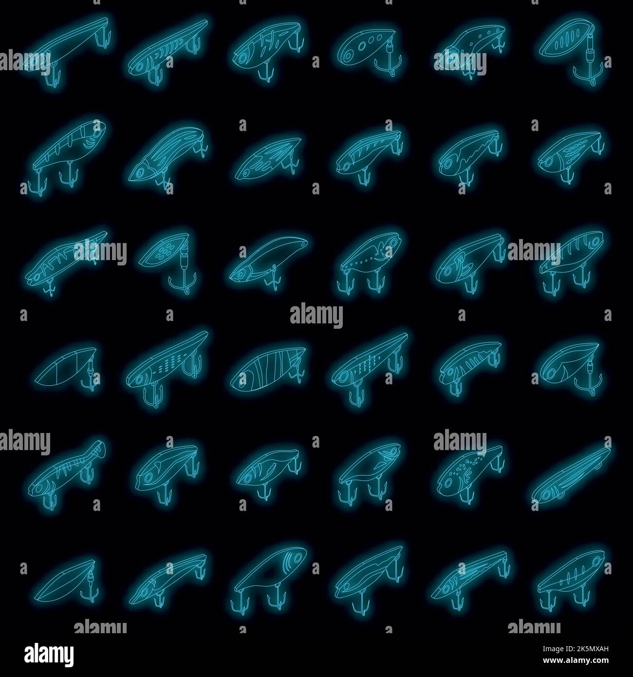 Fish bait icons set. Isometric set of fish bait vector icons neon color ...