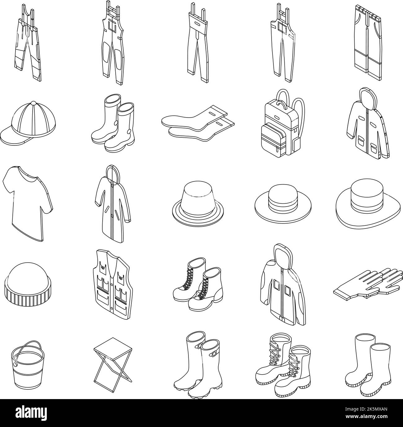Fisherman clothes icons set. Isometric set of fisherman clothes vector icons outline thin lne isolated on white Stock Vector