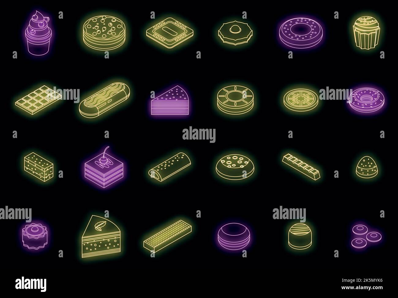 Confectionery icons set. Isometric set of confectionery vector icons neon color on black Stock Vector