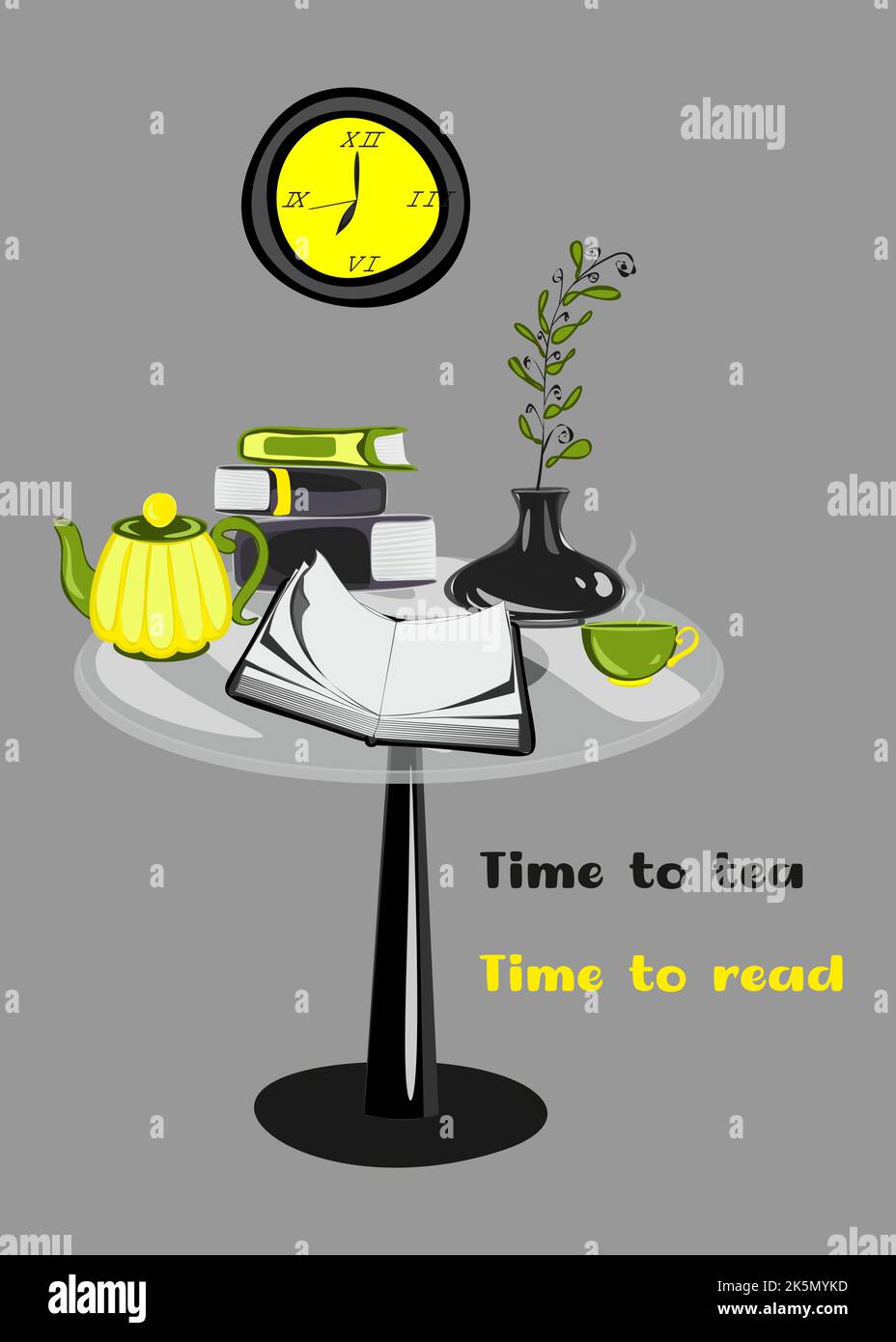 Vector poster of Glass table with books and tea pot and cup on it. Time to tea time ti read guote Stock Vector