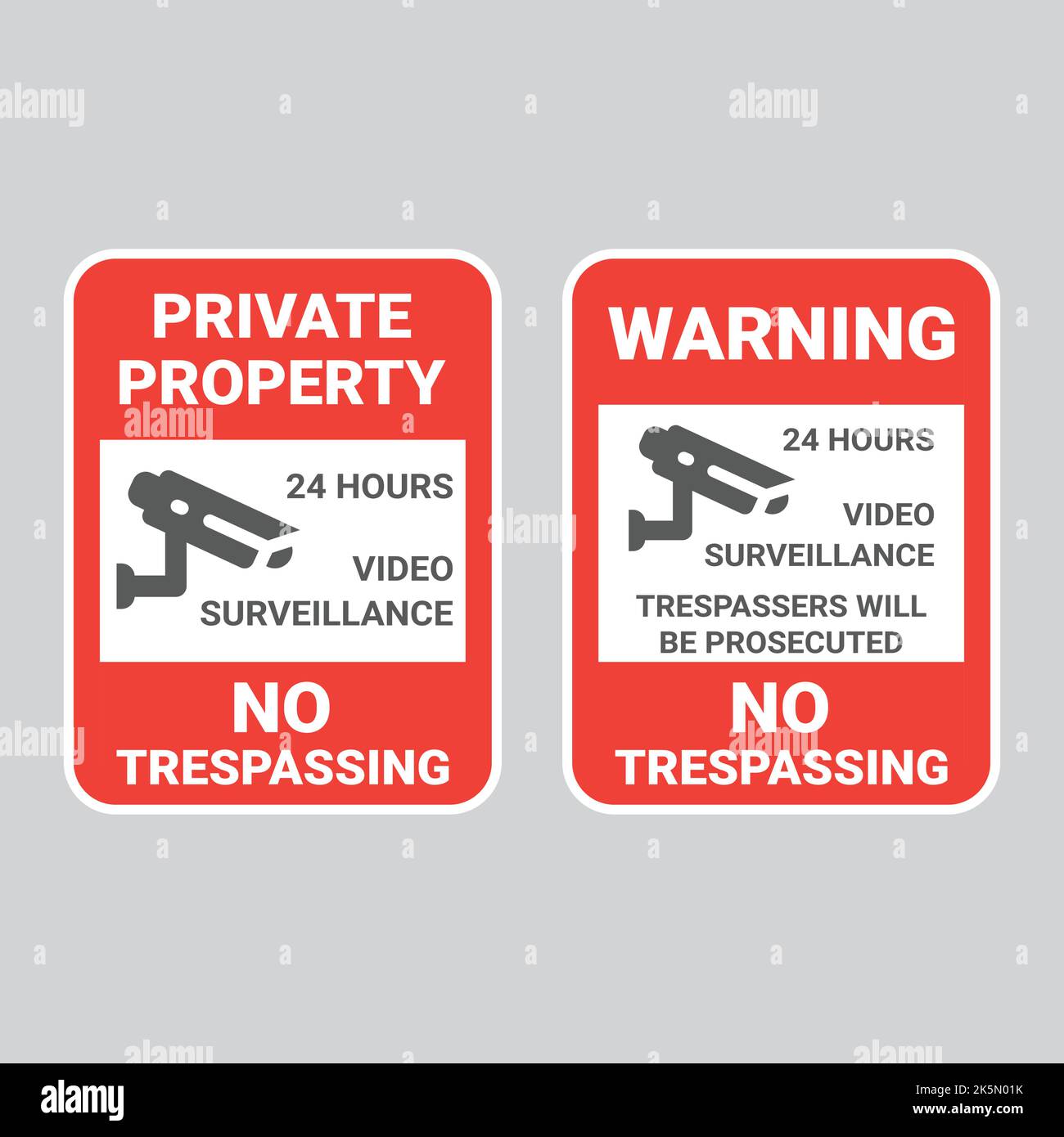 Private property and 24 hour video surveillance sign. No trespassing red vector warning label sticker. Stock Vector