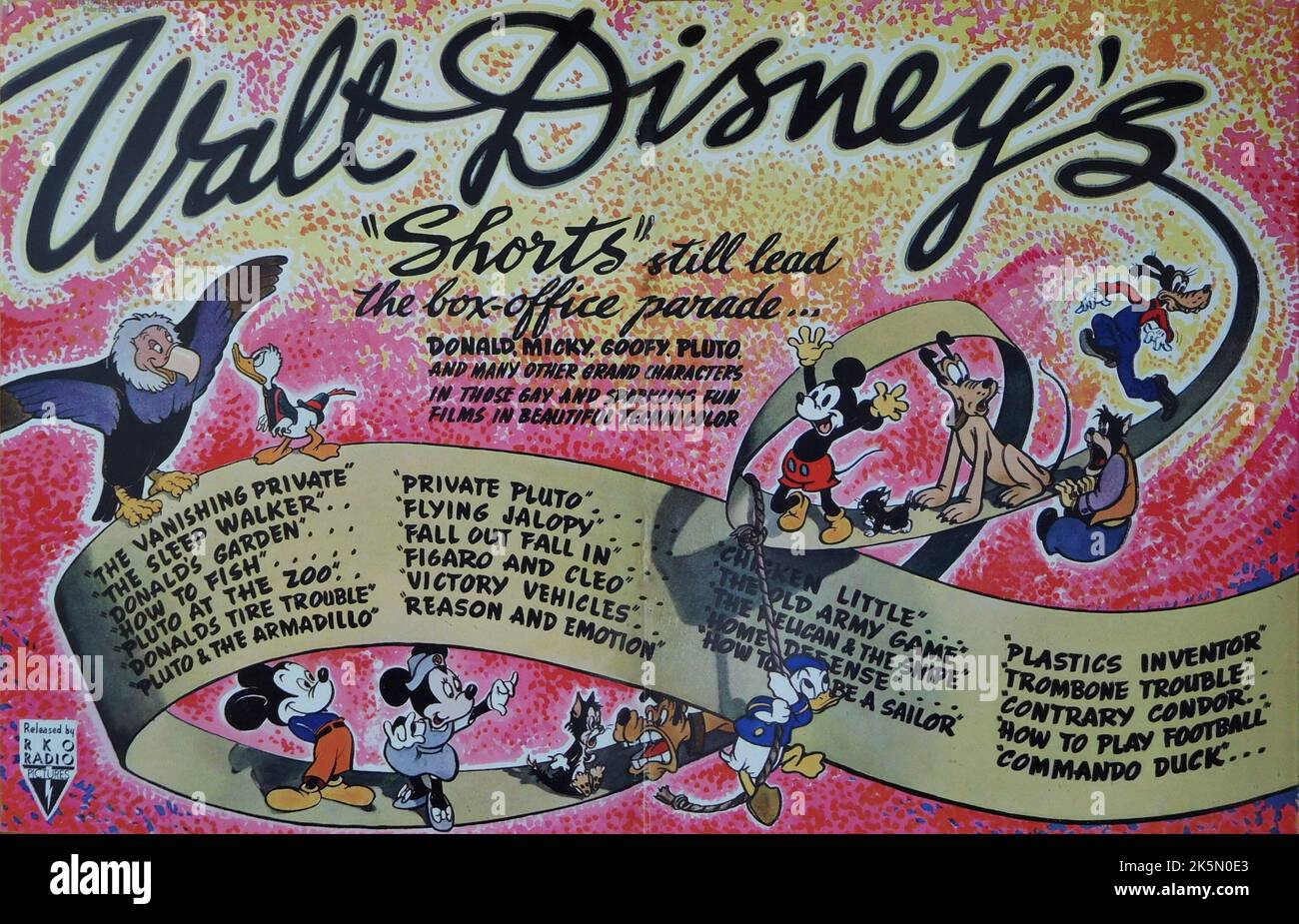 British Trade Ad from 1945 for WALT DISNEY Cartoon Shorts featuring MICKEY MOUSE MINNIE MOUSE DONALD DUCK GOOFY and PLUTO Walt Disney Productions / RKO Radio Pictures Stock Photo