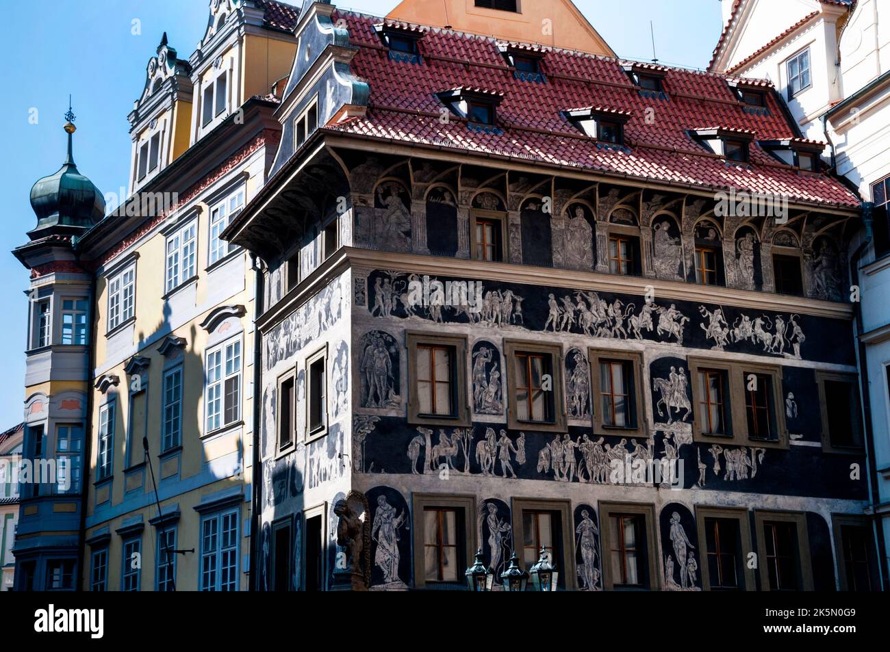 The House at the Minute in Old Town Square, Prague, Czech Republic covered in sgraffito painting. Stock Photo
