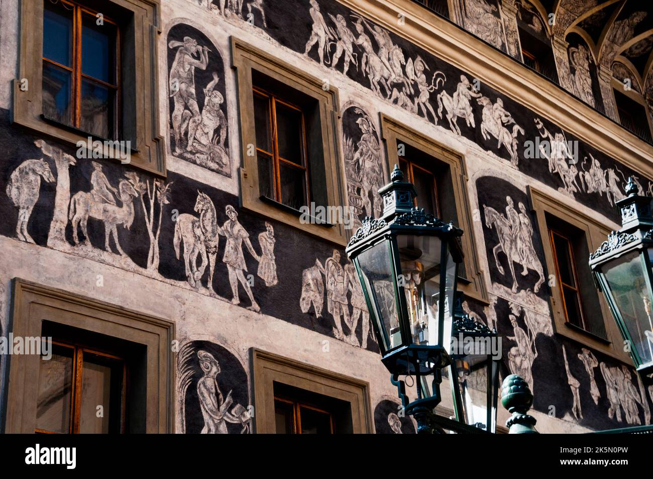 The House at the Minute in Old Town Square, Prague, Czech Republic covered in sgraffito painting. Stock Photo
