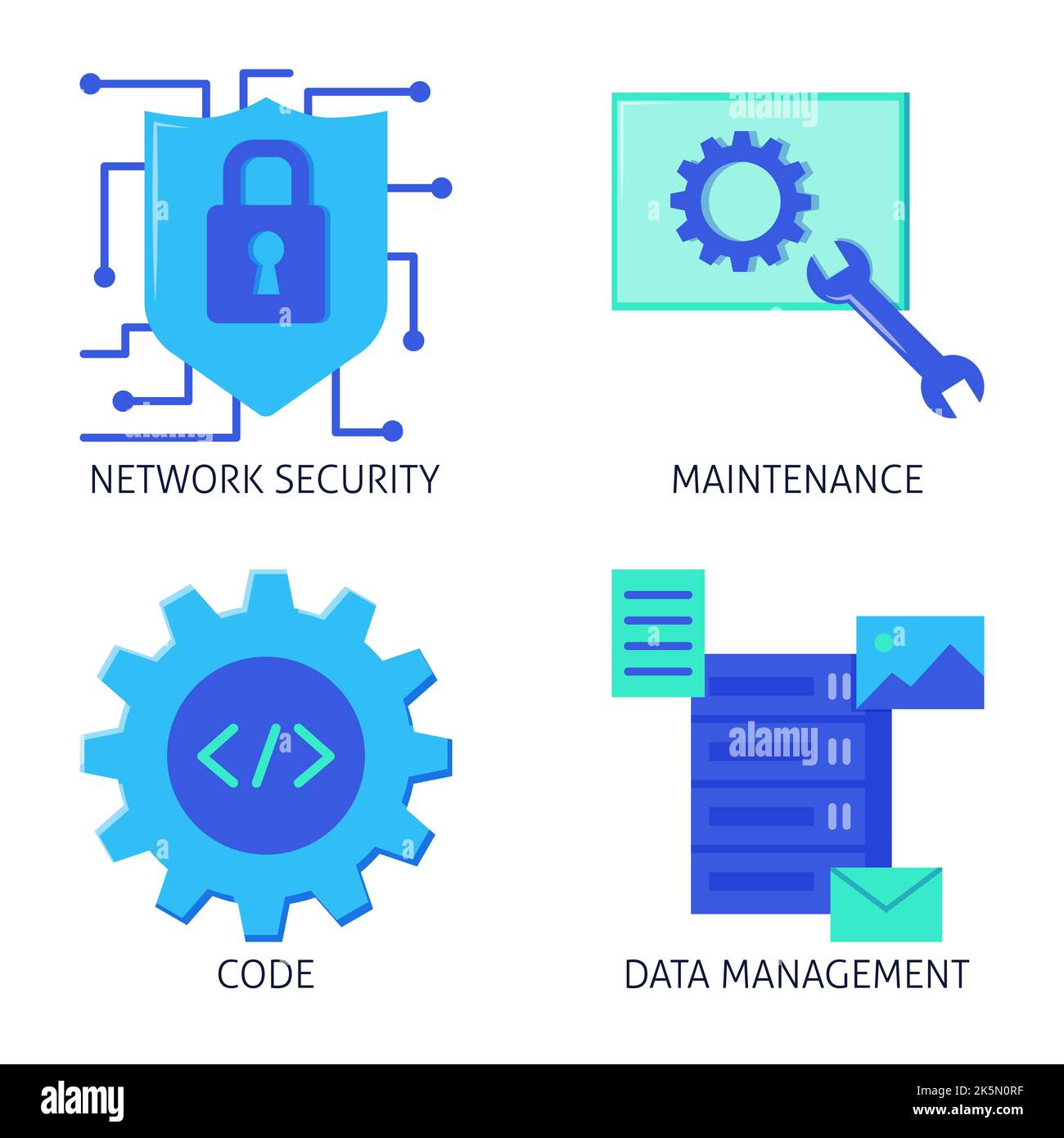 Software data processing, update and protection flat icon set. Data