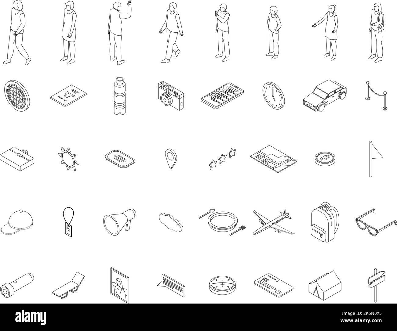 Excursion icons set. Isometric set of excursion vector icons outline