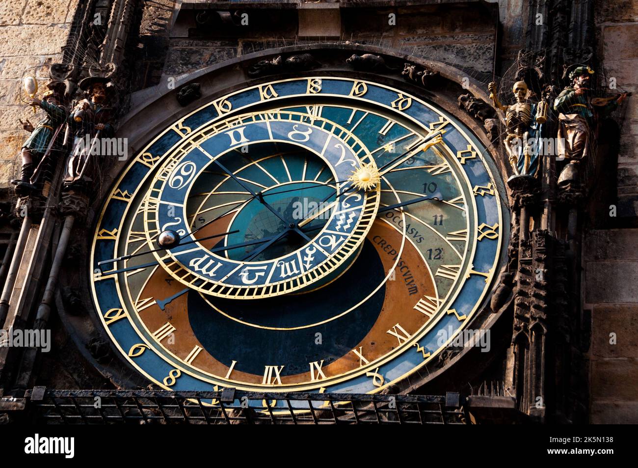 Prague Astronomical clock in Old Town Square, Prague, Czech Republic and figures representing vanity, miserly, death and earthly pleasures. Stock Photo