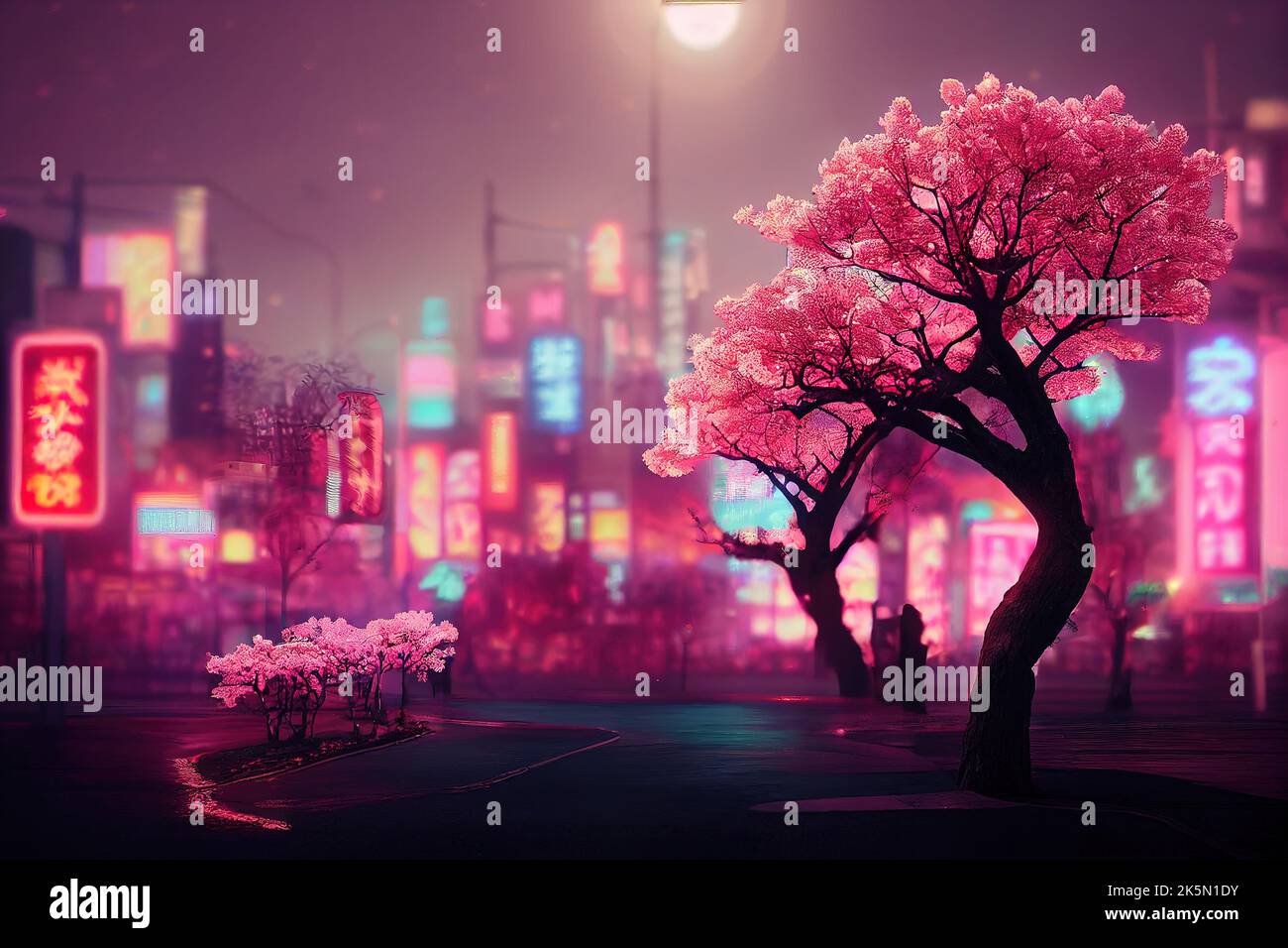 Fantasy Japanese night view city citycape, neon light, residential ...