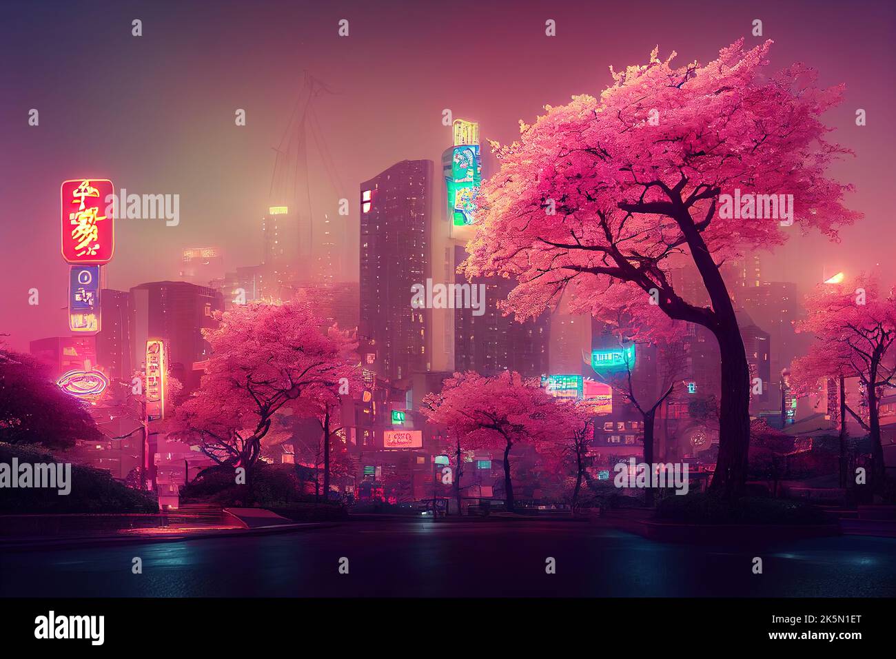 Fantasy Japanese night view city citycape, neon light, residential ...