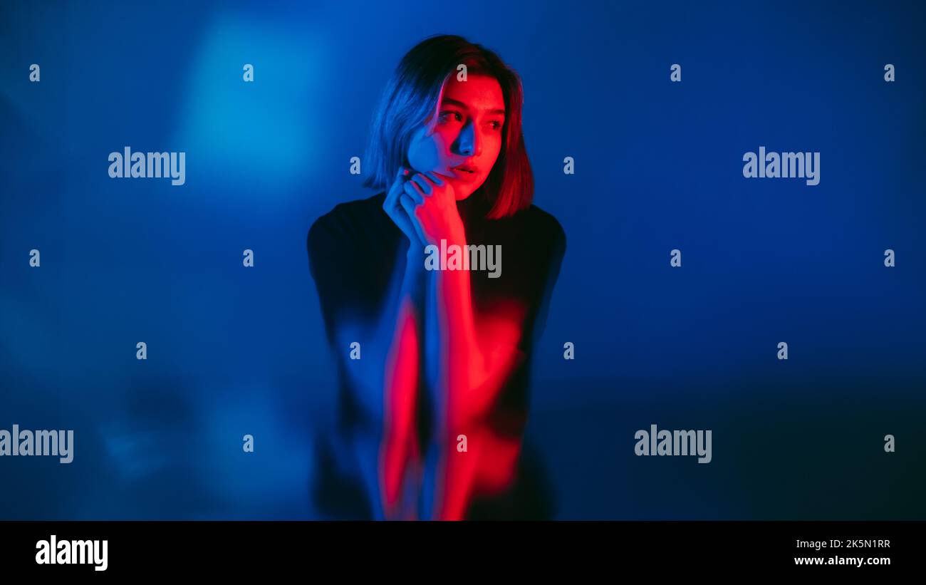 Anxiety attack. Neon light banner. Fear stress panic. Portrait of ...