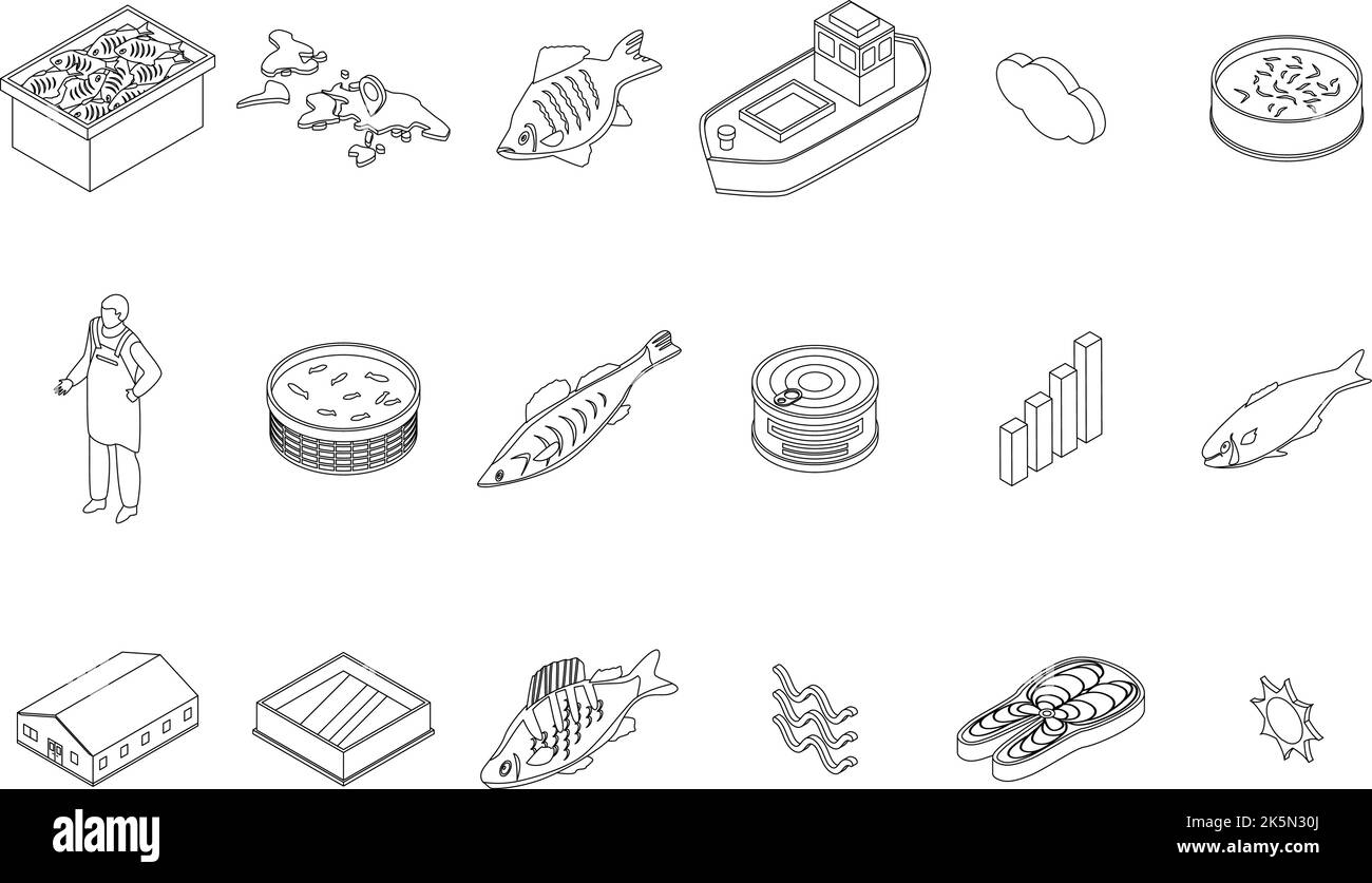 Fish farm icons set. Isometric set of fish farm vector icons outline thin lne isolated on white Stock Vector