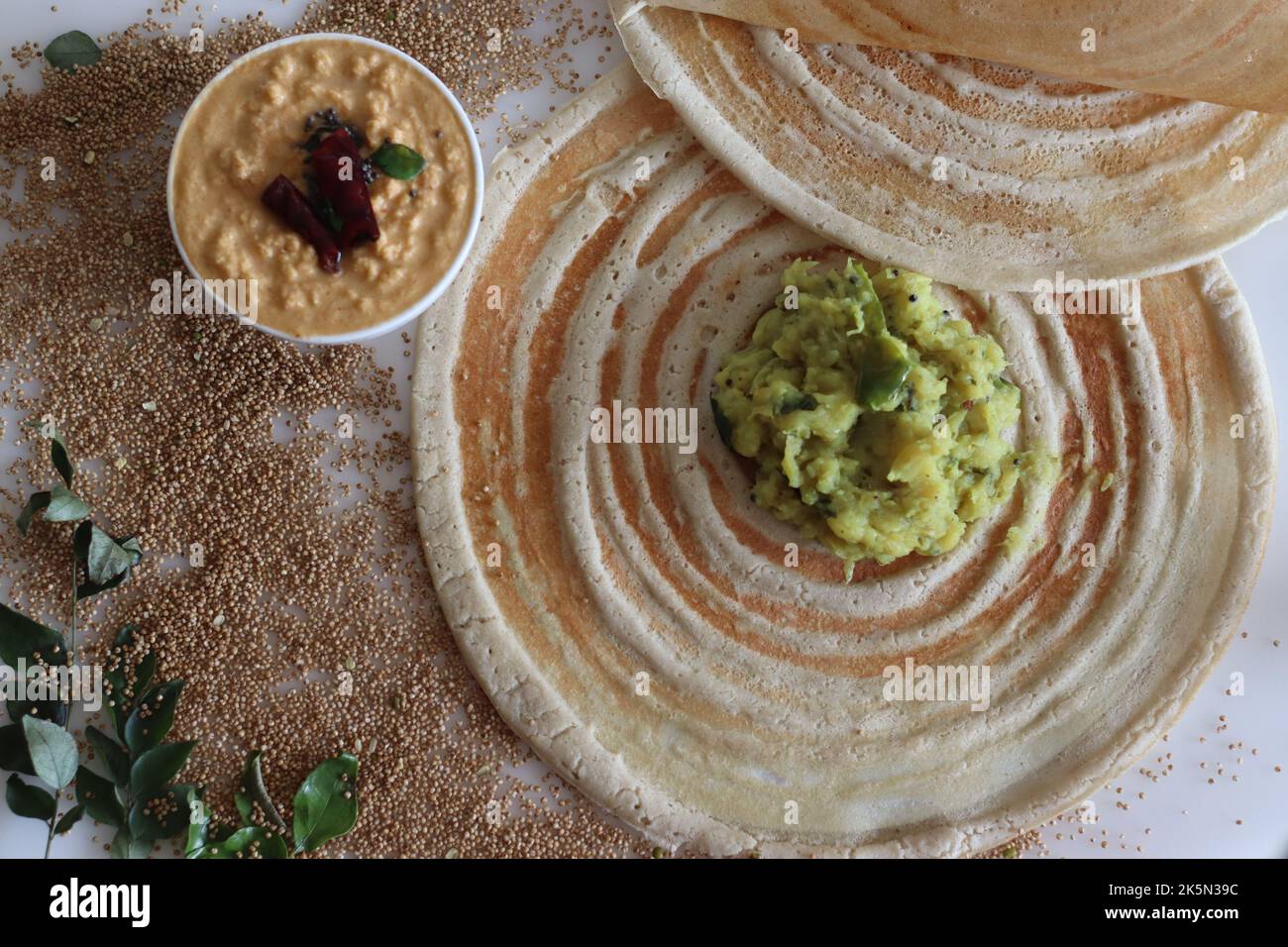 Kodo millet masala dosa. Thin crispy crepes made of kodo millet and lentils flour, stuffed with spiced mashed potatoes. Shot on white background. Stock Photo