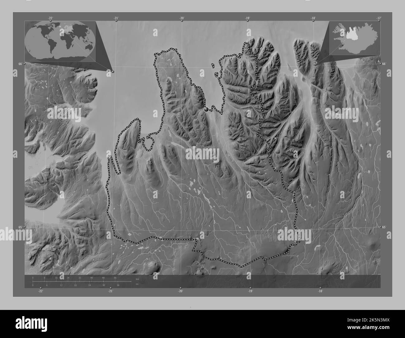 Norurland vestra, region of Iceland. Grayscale elevation map with lakes and rivers. Corner auxiliary location maps Stock Photo