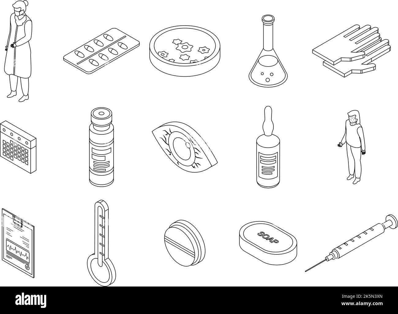 Measles icons set. Isometric set of measles vector icons outline thin ...