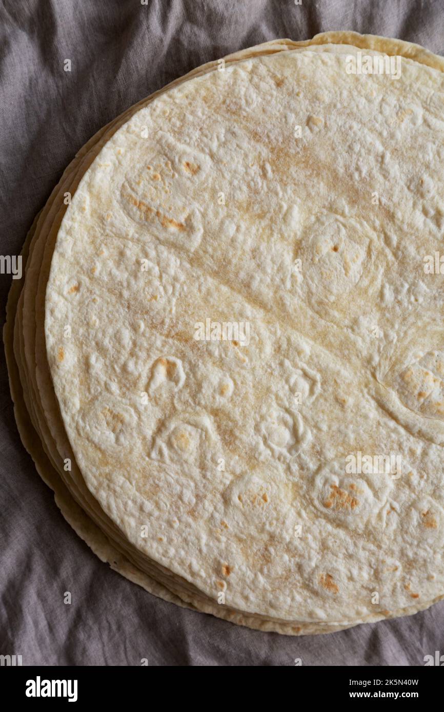 Homemade Wheat Flour Tortillas in a Stack, top view. Flat lay, overhead ...