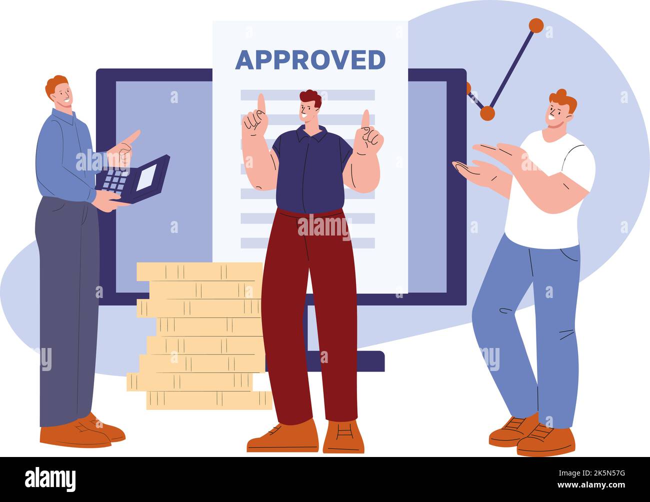 Approved concept. Credit or tax form, loan issue. Happy banking managers and customer. Accepted application in bank, in social service or grant Stock Vector