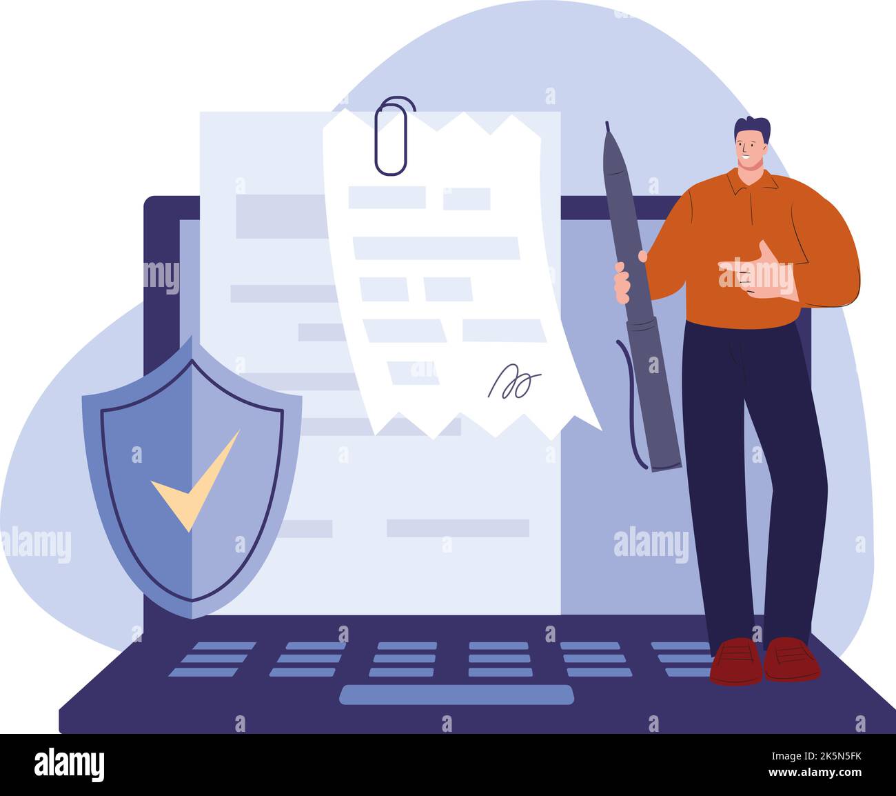 Digital document, contract or bill man signing. Legal online signature, safety self data. Business agreement in internet, vector new technologies Stock Vector