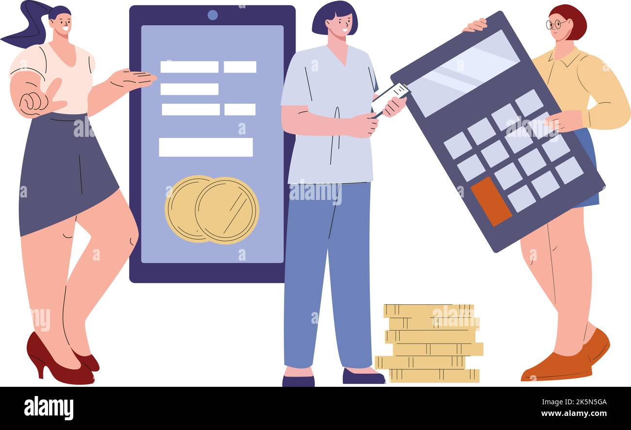 Female study financial literacy vector concept. Women with money, smartphone and calculator. Business investment, online banking or digital invest Stock Vector