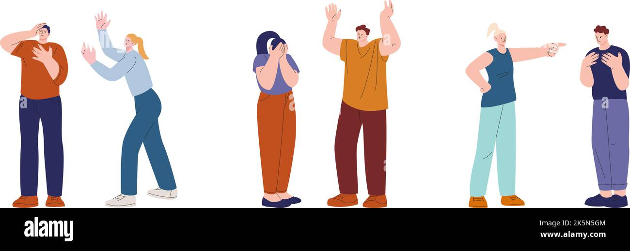 Couples swear, scream and humiliate. Aggressive and fear characters. Abusing and bullying, family quarrel. Vector flat man and woman negative emotions Stock Vector